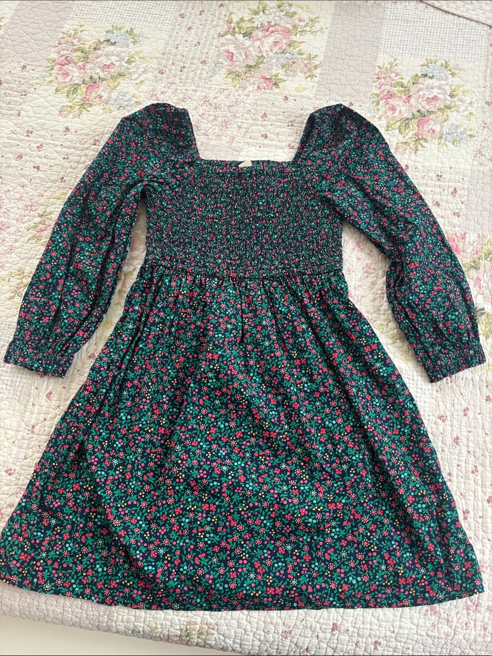 Crewcuts Dark Green Floral Smocked Long Sleeve Dress with Pink Flowers